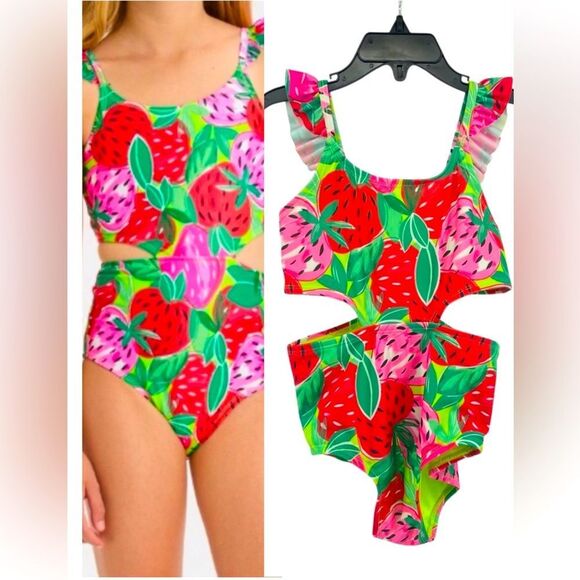 Cat & Jack Girls Pink Sweet Strawberry Print Ruffle Strap Cutout Swimsuit XS 4/5 - Picture 1 of 17